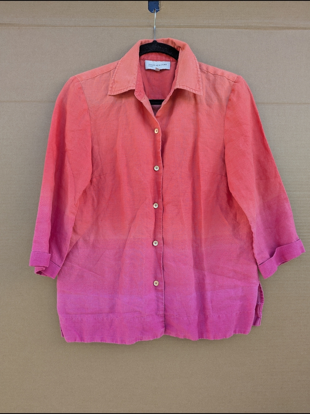 Jones NY Linen Ombre Pink Coral Gradient 3/4 Sleeve Button Blouse Summer Small